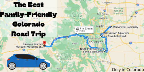 Map showing a family-friendly road trip route in Colorado, highlighting attractions like museums and an aquarium.