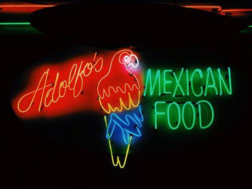 Neon sign for "Adolfo's Mexican Food" featuring a colorful parrot and vibrant lettering.