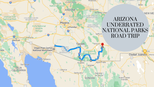 Map showing a road trip route through Arizona's underrated national parks, with key locations marked.