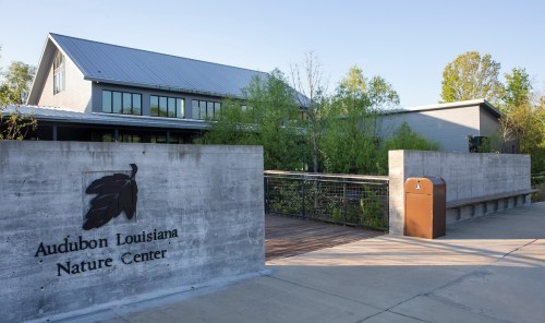 Exterior view of the Audubon Louisiana Nature Center, featuring modern architecture and landscaped surroundings.