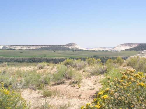 A scenic landscape featuring rolling hills, green fields, and distant white cliffs under a clear blue sky.