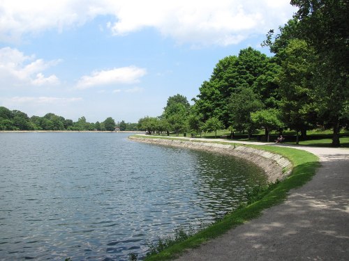 A serene lakeside view with a curved path, lush green trees, and a clear blue sky.