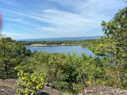 A scenic view of a calm lake surrounded by lush greenery and distant hills under a blue sky with wispy clouds.