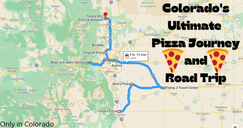 Map highlighting Colorado's Ultimate Pizza Journey and Road Trip, featuring various pizza locations and routes.