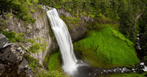 A stunning waterfall cascades down a rocky cliff, surrounded by lush green vegetation and trees.