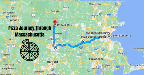 Map showing a pizza journey through Massachusetts, highlighting key locations and routes between them.