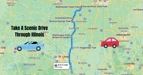 Map showing a scenic drive route through Illinois, featuring car icons and key locations like Matthiessen State Park.