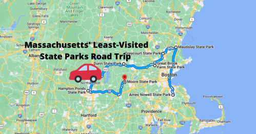 Map of Massachusetts highlighting a road trip route to the least-visited state parks, with a car icon.