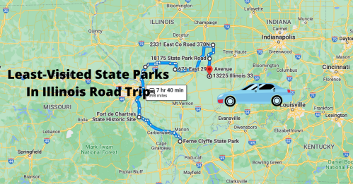 Map showing a road trip route to the least-visited state parks in Illinois, with a car icon and travel details.