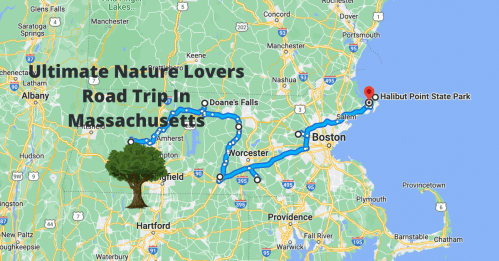 Map of a road trip route for nature lovers in Massachusetts, highlighting key locations and parks.