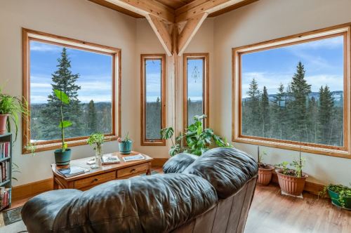 Cozy living room with a leather couch, plants, and large windows showcasing a forested mountain view.