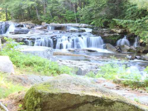 A serene waterfall cascades over rocks, surrounded by lush greenery and trees in a peaceful natural setting.