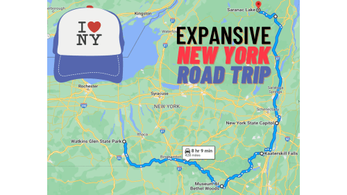 Map of a New York road trip route, featuring Saranac Lake, with a cap that says "I ❤️ NY."