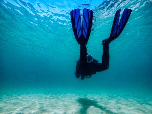 A diver with blue fins swims underwater in clear, turquoise water above a sandy ocean floor.