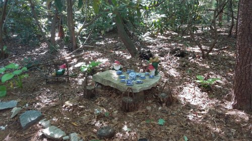 A whimsical outdoor tea party setup on a tree stump, surrounded by greenery and forest floor.