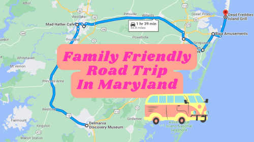 Map of a family-friendly road trip in Maryland, featuring a route with key stops and a colorful van illustration.