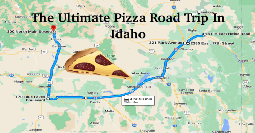 Map of a pizza road trip in Idaho, featuring routes and locations with a pizza slice graphic.