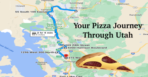 Map showing a route for a pizza journey through Utah, with locations and a pizza slice graphic.