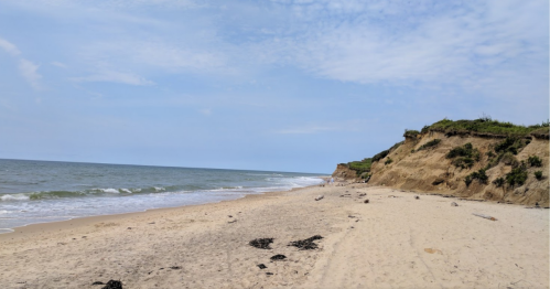 A sandy beach with gentle waves, cliffs in the background, and a clear blue sky.