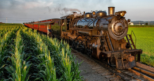 A vintage steam train travels through lush green fields under a clear sky, with smoke billowing from its chimney.
