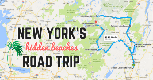 Map highlighting a road trip route to hidden beaches in New York, featuring key locations and travel time.