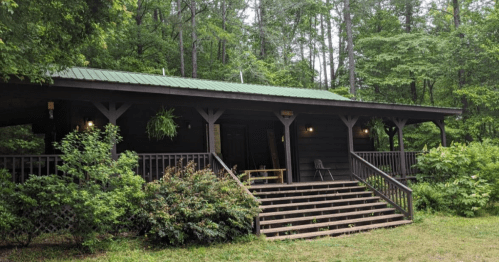 A rustic cabin with a green metal roof, surrounded by trees and greenery, featuring a porch and steps leading up to the entrance.