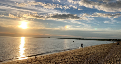 A serene beach at sunset, with a person walking along the shore and soft clouds reflecting in the water.