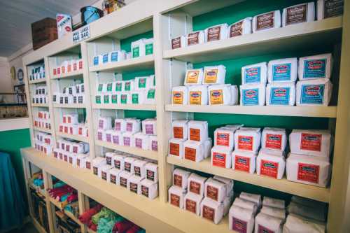 Shelves filled with colorful packages of various baking ingredients and mixes in a bright, inviting store.