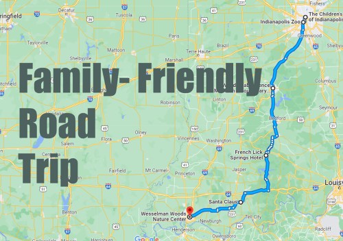 Map highlighting a family-friendly road trip route from Indianapolis Zoo to Santa Claus, Indiana, with key locations marked.