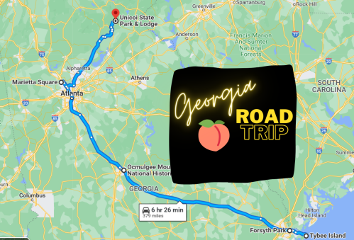 Map showing a road trip route from Atlanta to Unicoi State Park & Lodge in Georgia, with a travel time of 6 hours 26 minutes.