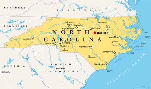Map of North Carolina highlighting major cities like Raleigh, Charlotte, and Asheville, with surrounding states and the Atlantic Ocean.