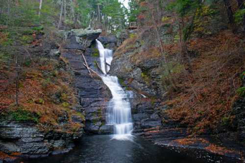 A serene waterfall cascades over rocky cliffs, surrounded by autumn foliage and lush green trees.