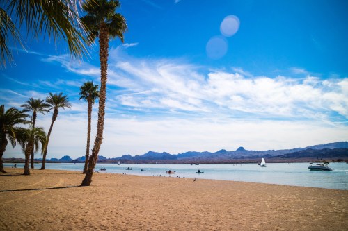 A sunny beach scene with palm trees, calm water, and distant mountains under a blue sky with wispy clouds.