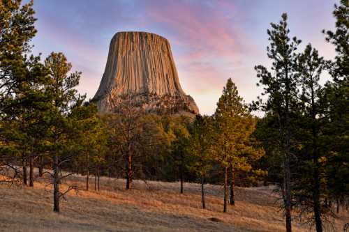 A towering rock formation rises above a forest of pine trees under a colorful sunset sky.