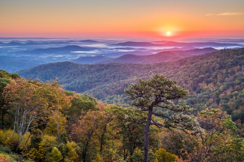 A vibrant sunset over rolling mountains, with colorful autumn foliage in the foreground and misty valleys below.