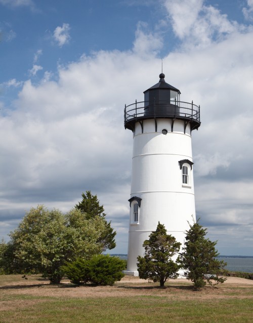 A tall white lighthouse with a black top stands near green shrubs under a cloudy sky.