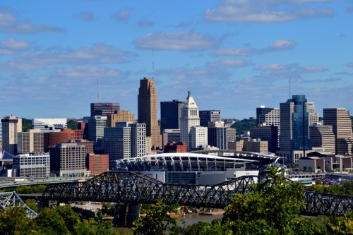 A panoramic view of a city skyline featuring tall buildings and a stadium, with a bridge in the foreground and blue sky.