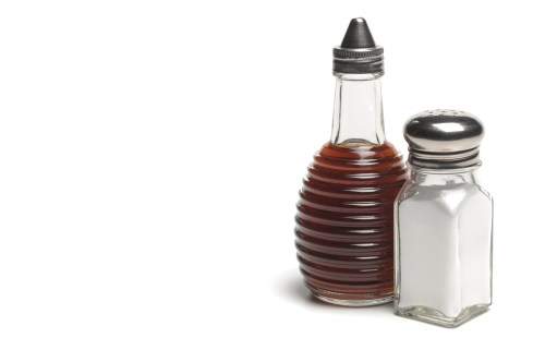 A glass bottle of dark liquid with a ribbed design next to a salt shaker with a silver lid on a white background.