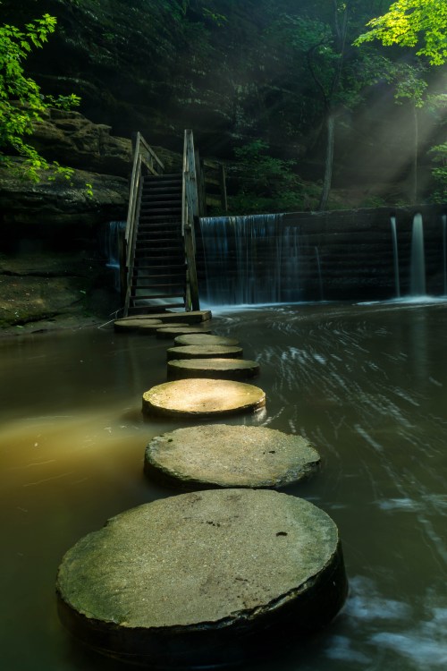 A serene scene of stepping stones leading to a wooden staircase beside a waterfall in a lush, green forest.
