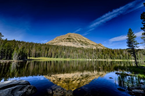 A serene lake reflects a mountain under a clear blue sky, surrounded by lush green trees.
