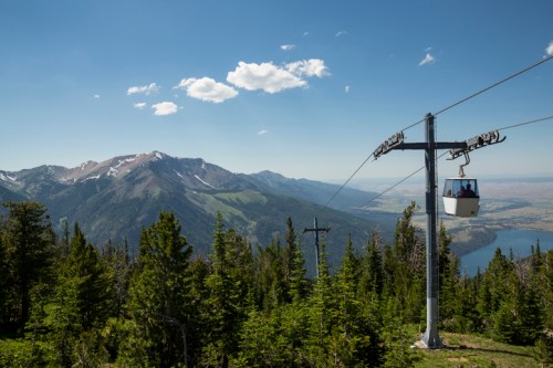 A scenic view from a mountain gondola, overlooking lush trees, mountains, and a lake under a clear blue sky.