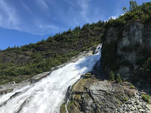 A cascading waterfall flows down rocky cliffs, surrounded by lush greenery and a clear blue sky.