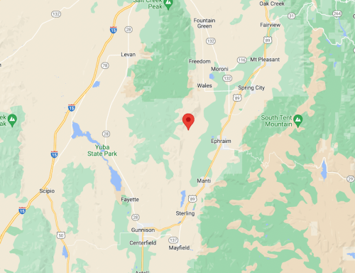 Map showing a rural area in Utah with marked locations including Ephrim, Manti, and nearby state parks.