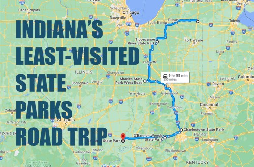 Map highlighting a road trip route through Indiana's least-visited state parks, with key locations marked.