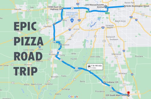 Map showing a route for an "Epic Pizza Road Trip" with key locations and distances marked.