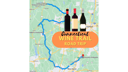 Map of Connecticut wine trail road trip with wine bottles and route highlighted in blue.