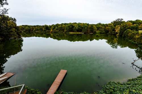 A calm lake surrounded by trees, with a wooden dock extending into the water. The sky is overcast.