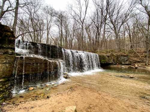 A serene waterfall cascades over rocky ledges into a calm pool, surrounded by bare trees in a tranquil forest setting.