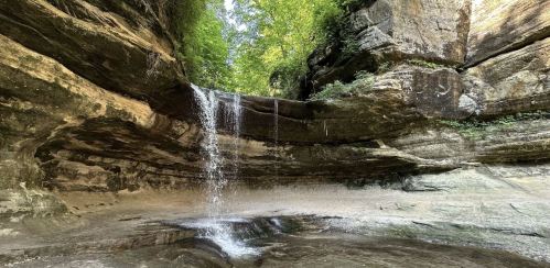 A serene waterfall cascading over rocky cliffs into a tranquil pool, surrounded by lush greenery.