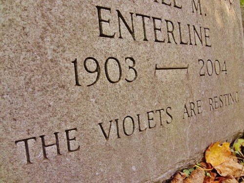 Close-up of a gravestone engraved with "M. Enterline, 1903 - 2004" and the phrase "The violets are resting."